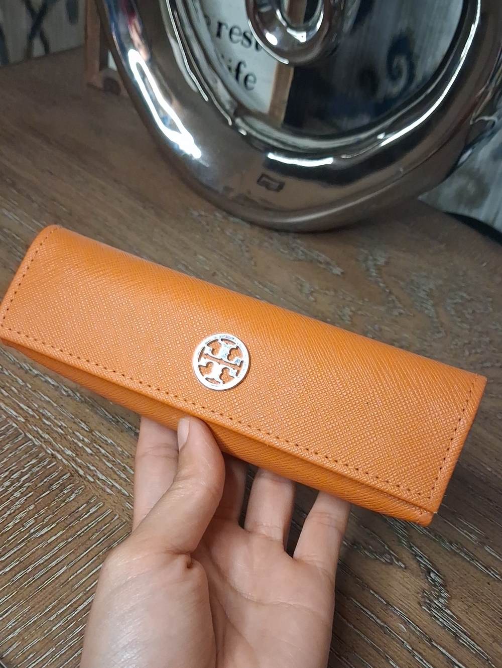 Tory Burch Orange Saffiano Leather Sunglass/Eyeglass Case with Gold Logo